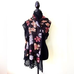 Vintage Floral Loose Knit Pompom Trimmed Multicolour Scarf